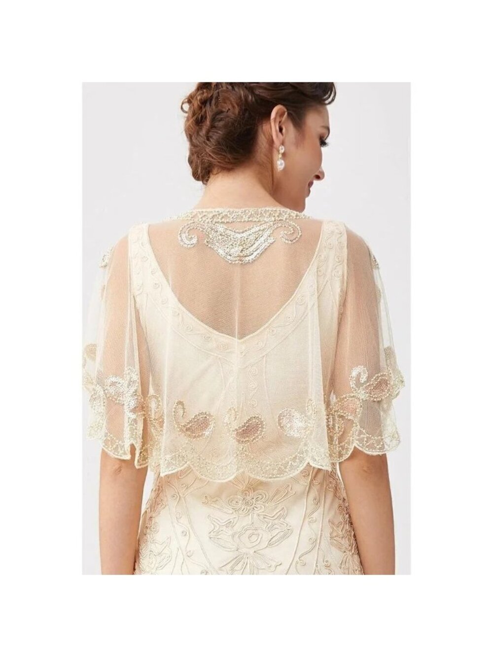 Babeyond 1920s  Shawl Wraps Beaded Evening Cape Bridal Shawl Cover Up (Beige) - Picture 4 of 6